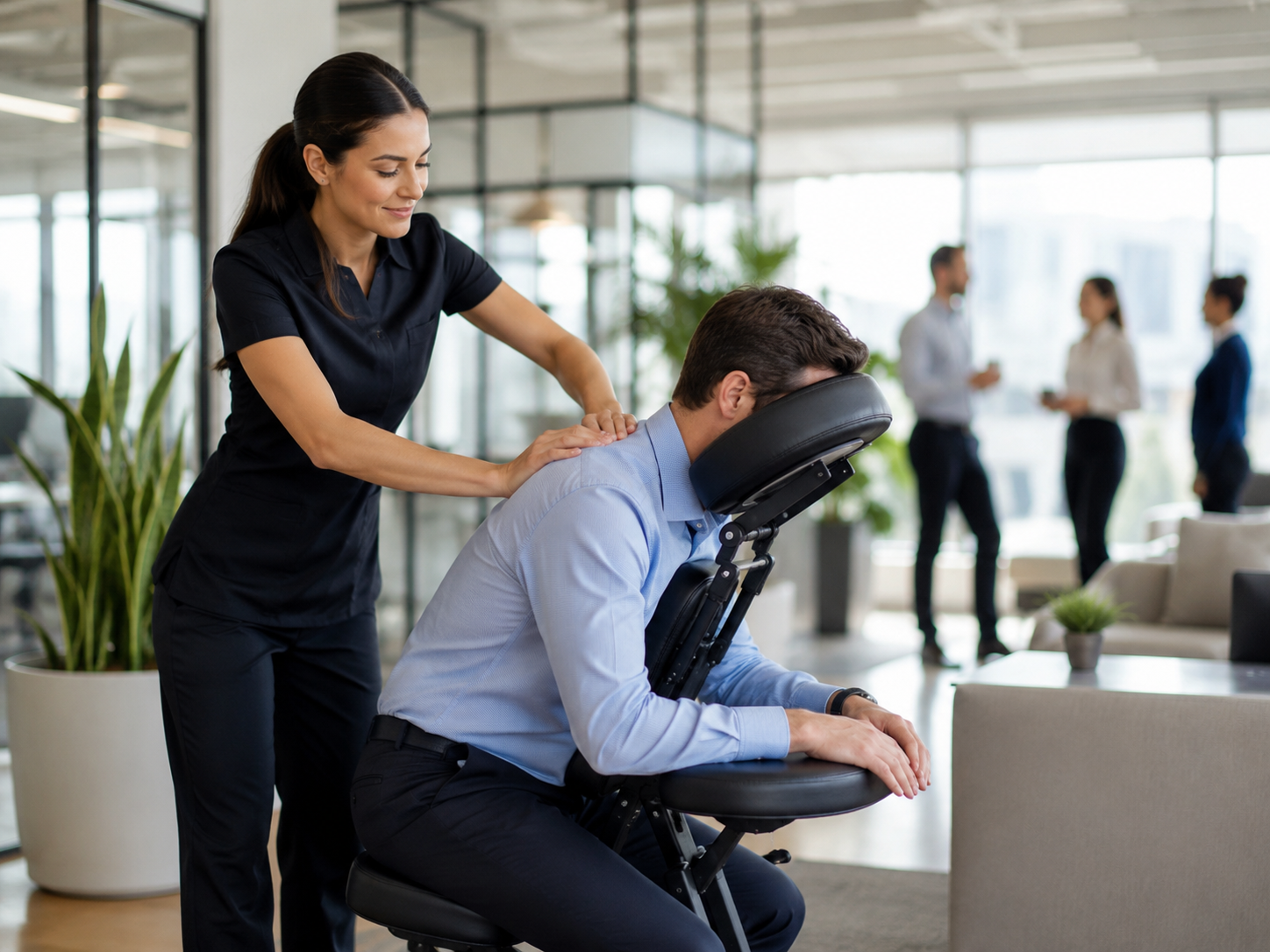 Office chair massage session in progress in a modern workplace