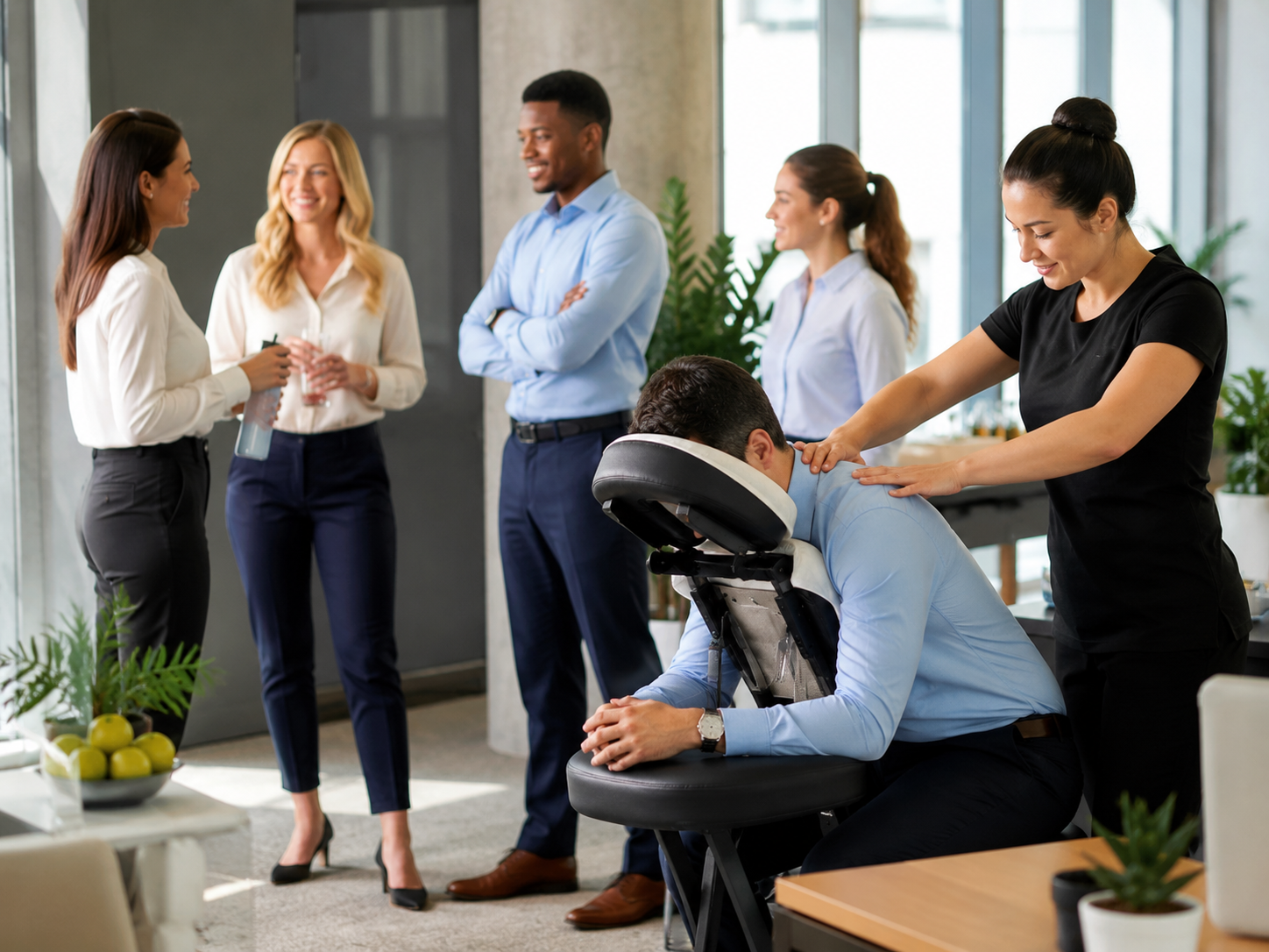 Employees taking a workplace wellness break with chair massage therapy