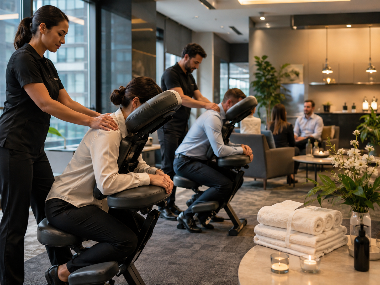 Corporate wellness day with multiple chair massage stations
