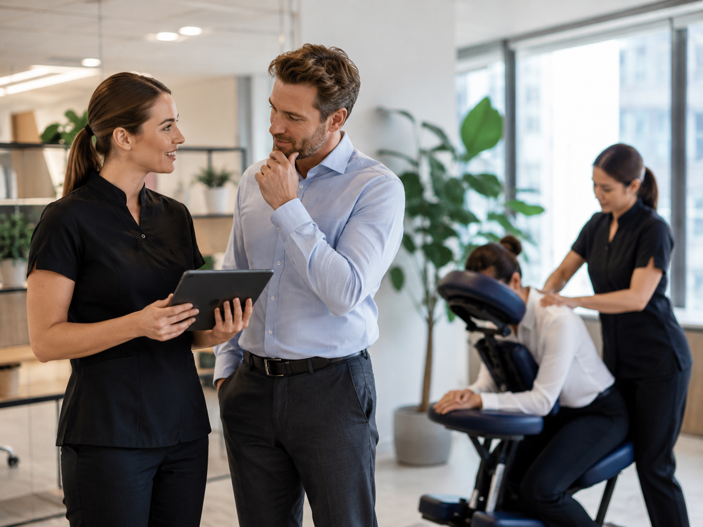 Corporate wellness consultation with on-site massage program planning